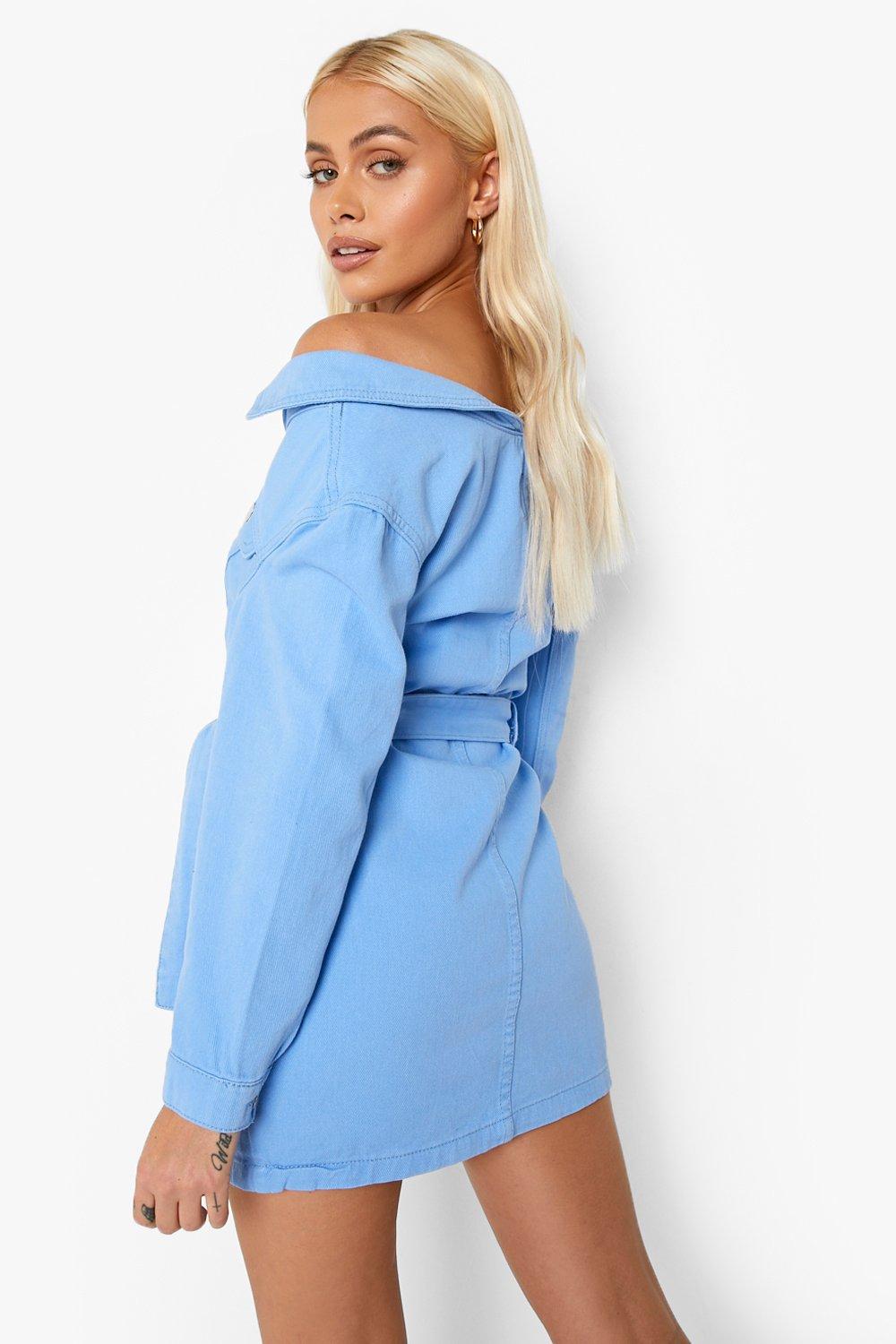 Off the shoulder blue jean outlet shirt